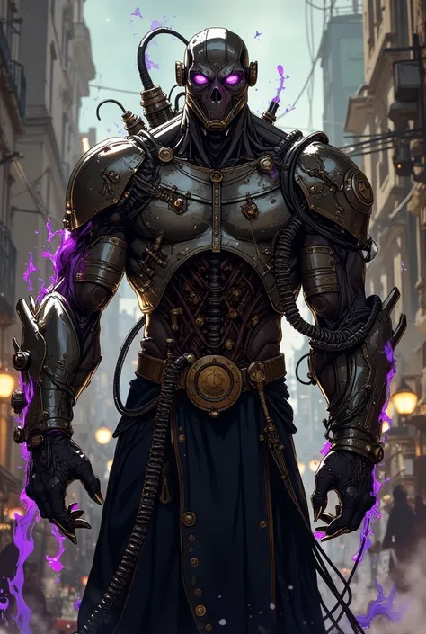 Erk's, of great height and musculature . His skin is partially covered by metal plates fused to his body due to the fusion with chemtech. His arms are enormously large, full of shiny veins. His eyes are of a bright violet color, with an inhuman glow. The l...