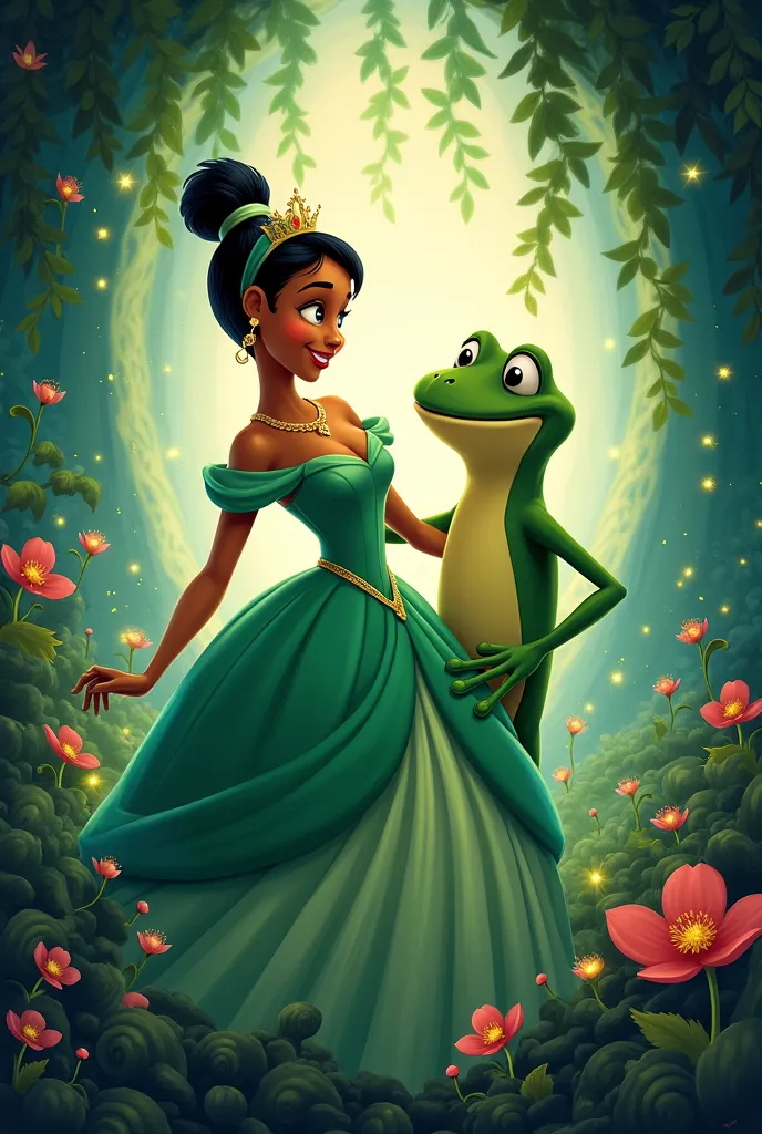 Create a two-dimensional poster inspired by the two characters Tia, Prince Nevin, and the frog, and the poster will be written “Theprincess and the frog.”