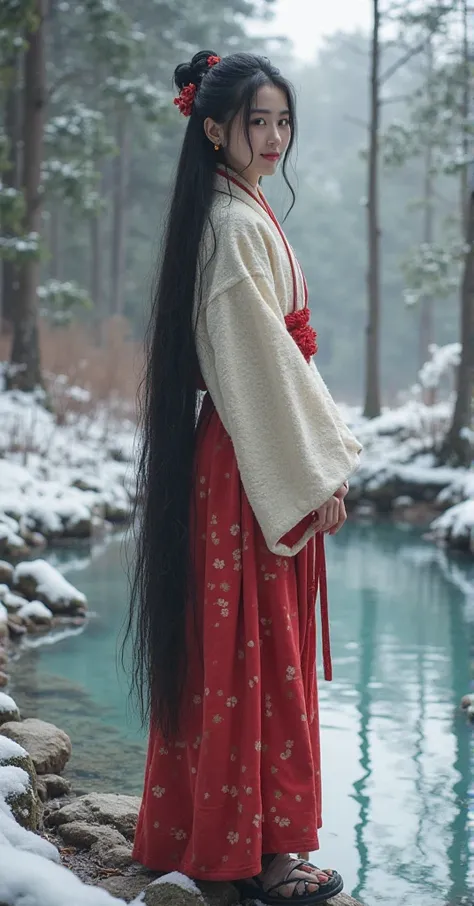  High quality. A real Oriental Japanese girl with 18 years old with beyond floor length black hair and see her "whole" body wearing thick lambswool traditional Wafuku standing nearby hot springs inside the forest, must see her whole body. The scenario of f...