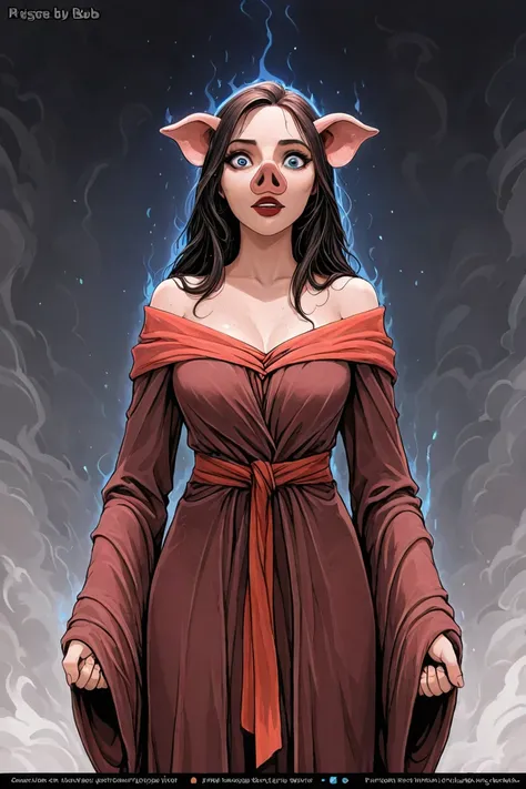 ((best quality)), ((masterpiece)), (detailed), 1girl, off-shoulder sweater,Baba Pigga stands as a striking and unsettling figure, a blend of human and pig features wrapped in an aura of chaotic energy. She’s a tall, imposing presence, her form shrouded in ...