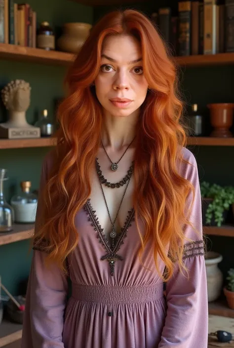 Reddish ginger wave long hair, with light ginger highlites and lila boho dress with ethno motive. Modern alchemy studio for making ritual candels and  jasemonite sculpture, flowers and oils, parfumes. Bookshelves with books abou philosophy, religions and c...