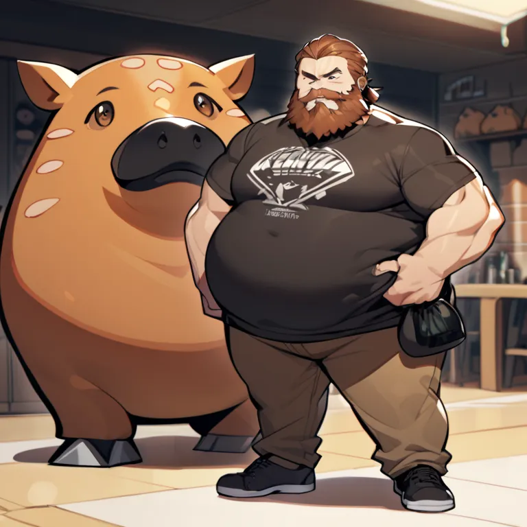 Karl is a plump young man with brown eyes and hair. His haircut is classic and his beard is a chinstrap.

He has a dark T‐shirt that features a menacing boar’s head, and brown long pants. He’s also wearing a fanny pack around his waist.