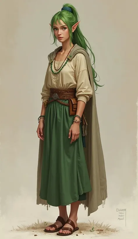 Elaen is a tall and muscular young elf, of 1.70 m, with green hair and eyes. To go out to the village, she wears a loose cream blouse, a long moss green skirt fitted with a braided leather belt and brown leather sandals. She usually pulls her hair up with ...