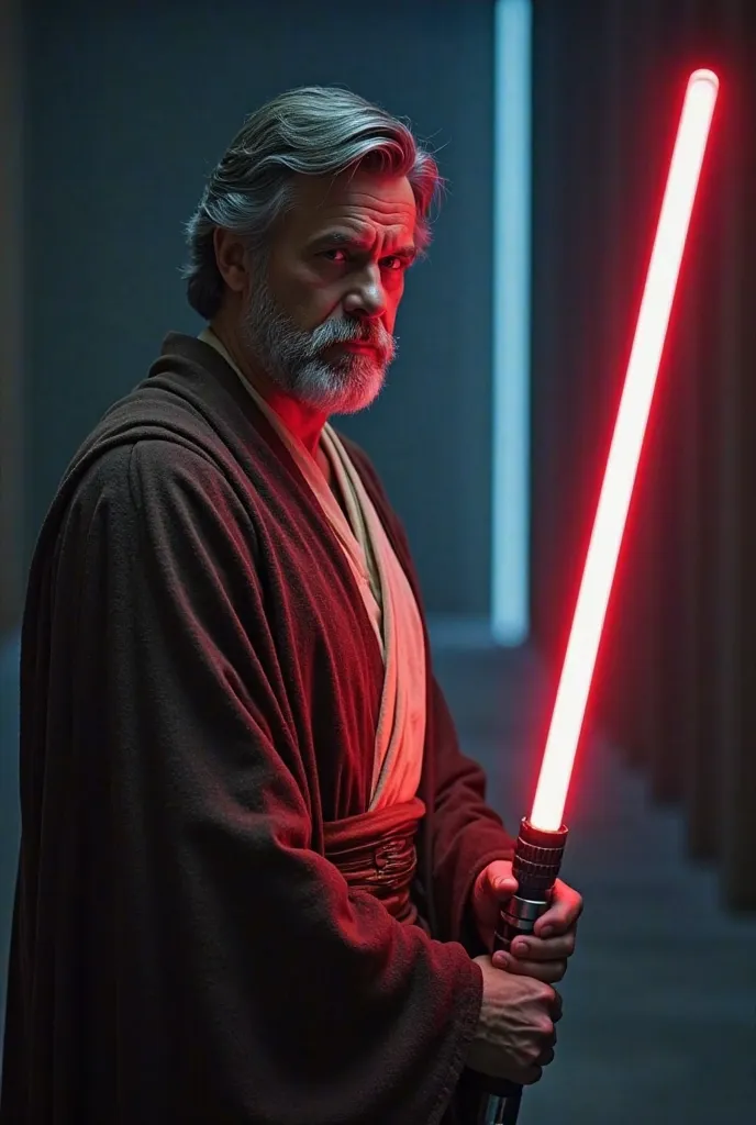 arafed man in a robe holding a light saber in a dark room, a character portrait by Alexander Brook, shutterstock, hyperrealism, holding lightsaber 4 k, obi wan kenobi, obi-wan kenobi, with cinematic lighting, luke skywalker, travis fimmel as a jedi master,...