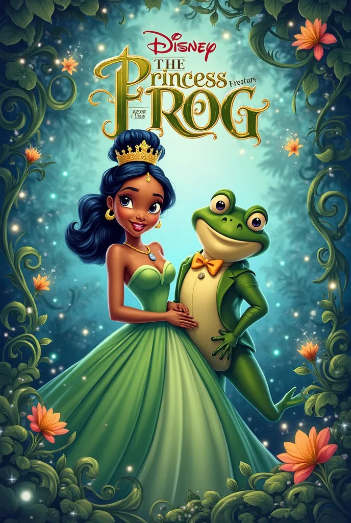 Create a two-dimensional poster inspired by the two characters Tia, Prince Nevin, and the frog, and the poster will be written “Theprincess and the frog.”