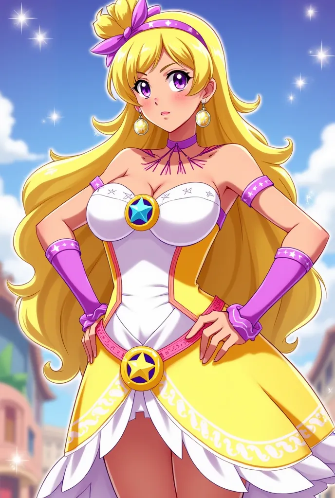 big butt, big breasts, Amamiya Elena, Cure Soleil, brown skin, purple-pink eyes, long hair,  Light yellow hair , Purple Pink Headband with Star Shaped Accessory, Yellow and White Dress, Star Shaped Belt, Round Brooch with a Star Symbol on the Inside, Purpl...