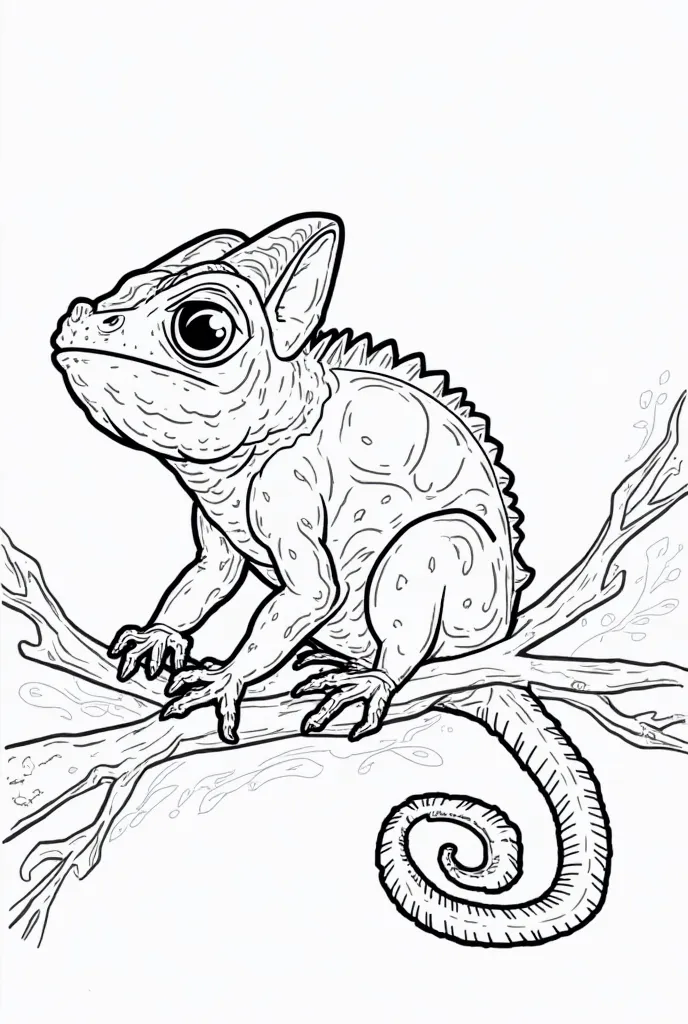 Imagine a coloring page for s featuring a fairy tale coloring page for s, a Chameleon, cartoon style with bold, thick lines and minimal details, set against a crisp white background in striking black and white hues, devoid of shading to allow young artists...