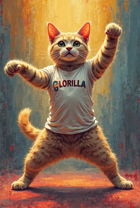 create a cat doing the splits, wearing a shirt that said “Glorilla” on it.