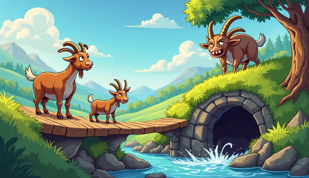 A vibrant and dynamic illustration featuring the three Billy Goats Gruff—a small, medium, and large goat—standing confidently on a grassy hill, ready to cross a wooden bridge. Below the bridge, a big, menacing troll with glowing eyes and sharp teeth lurks,...