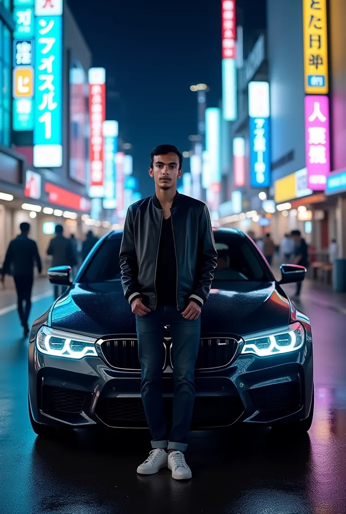 Full body portrait of a person standing confidently next to a stylish car, Black BMW M5. His back gently touches the car, Features polished metal edges, Bright headlights, And he stands , Shiny surface reflects vibrant surroundings. The subject is wearing ...