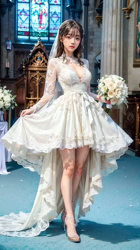 A beautiful young Japanese woman, 26 years old, with healthy thighs, beautiful legs, flawless skin, random hair color and style, large breasts, wearing a (wedding dress:1.3), (she is standing:1.2), full body shot, high heels, holding a bouquet in her hands...