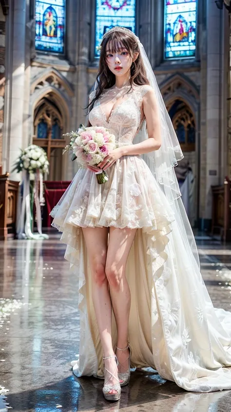 A beautiful young Japanese woman, 26 years old, with healthy thighs, beautiful legs, flawless skin, random hair color and style, large breasts, wearing a (wedding dress:1.3), (she is standing:1.2), full body shot, high heels, holding a bouquet in her hands...