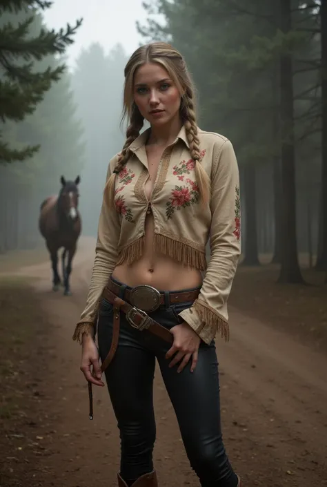 full-length,(top view: 1.4), taken by 30-year-old blonde, an American female country music singer outside, exterior misty foggy pine forest:1.1, off a dirt trail, (misty:1.2 woods), ((she is dressed in tight thirst trap leggings, a fringed retro snap weste...