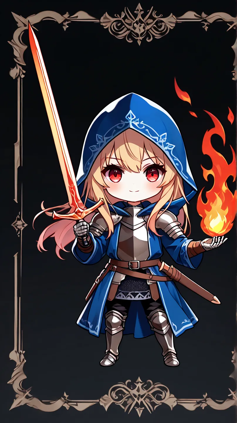  chibi style, an HD scene a battle mage skeleton wearing a red medieval leather armor with a blue robe and  blue hood holding a sword made of blue and red flames, black background, high detail, high quality, best quality, 8k, masterpiece