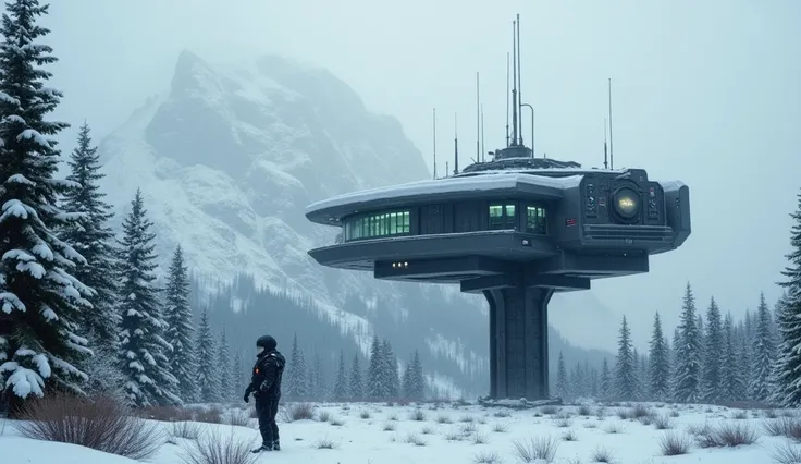 "A futuristic, sci-fi research station elevated above the ground, set in a remote, A black suit astronaut stands on a snowy mountain landscape. The dark metallic structure has glowing windows, antennas on the roof, and a sleek, industrial design. Surrounde...