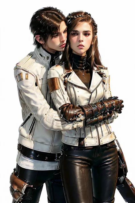 ((Final fantasy taste and reality graphics)), ((Japanese young cute and cool ikemen  boy)), his age is early 20s, thin eyebrows and beady eyes,, (((((boy wearing cream-white color thick leather and single-brest double zipper jacket))))), ,(((((jacket is vo...