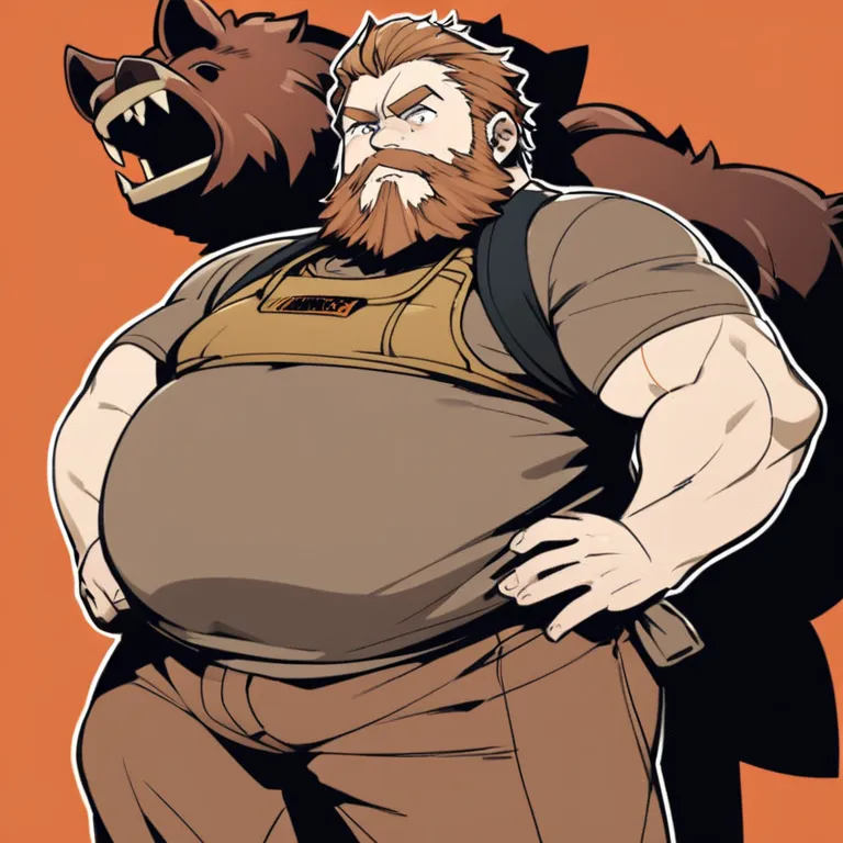 Karl is a plump young man with brown eyes and hair. His haircut is classic and his beard is a chinstrap.

He has a dark T‐shirt that features a menacing boar’s head, and brown long pants. He’s also wearing a fanny pack around his waist.