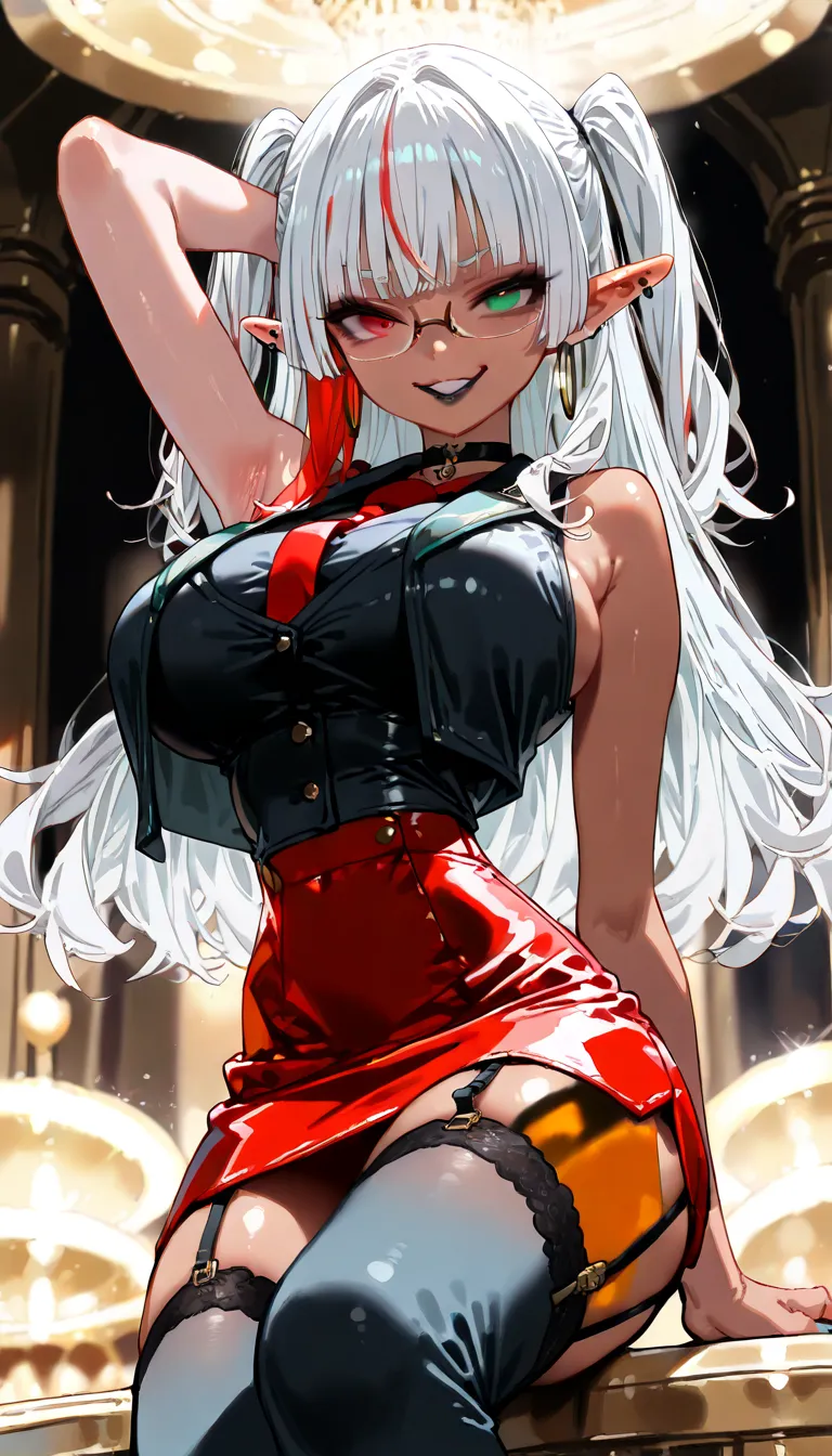 1 lady , dark elf , sexy lady , Noise Reduction , darkskin style , under rim glasses , (blonde colored eyebrows:1.2) , Perfect Detailed eyes , cool eyes , (heterochromia:1.5) , red eye , Turquoise green eye , casino , elf ears , many piercing , (detailed f...