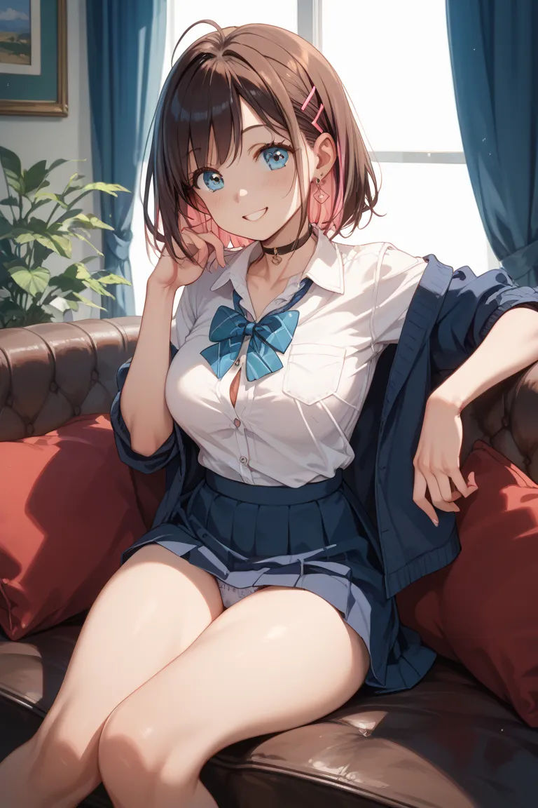 Kizuna Ai is wearing a blouse１Sitting on a sofa in a dimly lit room with only clothes on、Don't wear underwear at all、It's a dark room with no curtains closed(Adult entertainment establishment)Sitting on the sofa。The blouse has been unbuttoned、Super cute el...