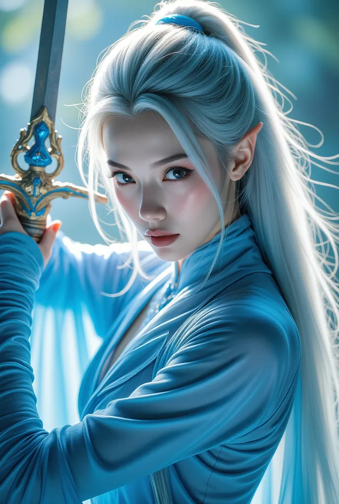 a close up of a woman in a blue outfit holding a sword, alluring elf princess knight, elf princess knight, 2. 5 d cgi anime fantasy artwork, blue elf, samira from league of legends, elf princess, elf warrior, elf girl, elven warrior princess, elf queen, se...