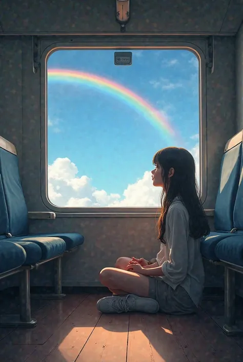 A girl sitting on the floor of a long empty train, looking out to the window. There is. A big rainbow across the sky