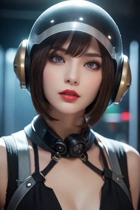  close-up of a woman wearing a futuristic helmet and red lipstick, Cyberpunk Jackie Wells, cgsociety 9,  style for stilets = Retro futuristic ,  beautiful android woman ,   female android ,  retro futuristic fashion , movie「 Blade Runner 」Still image of, F...