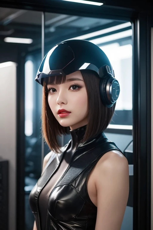  close-up of a woman wearing a futuristic helmet and red lipstick, Cyberpunk Jackie Wells, cgsociety 9,  style for stilets = Retro futuristic ,  beautiful android woman ,   female android ,  retro futuristic fashion , movie「 Blade Runner 」Still image of, F...