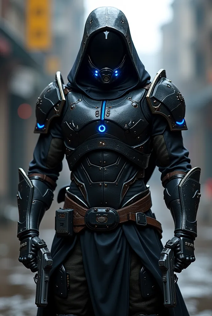 Create an image of a mercenary anti-hero, with black armor with blue details, blue helmet with black visors and carrying two pistols 