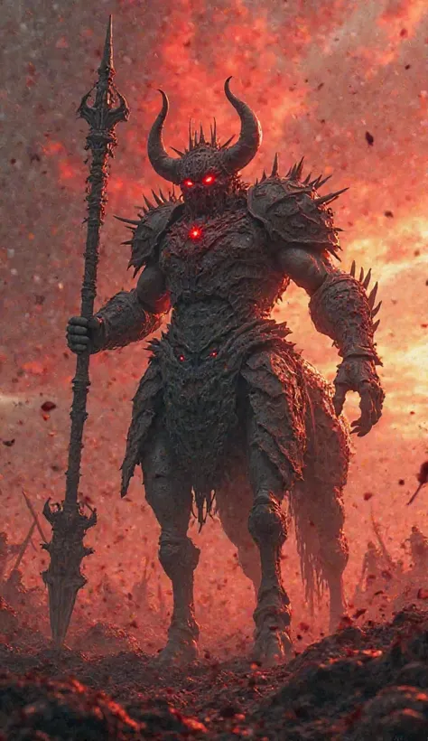 A cinematic hybrid fusion of a scorpion and a centaur standing atop a blood-soaked battlefield. This towering warlord has the armored, segmented lower body of a scorpion, its thick exoskeleton glistening with dark ichor. Its humanoid torso is clad in jagge...