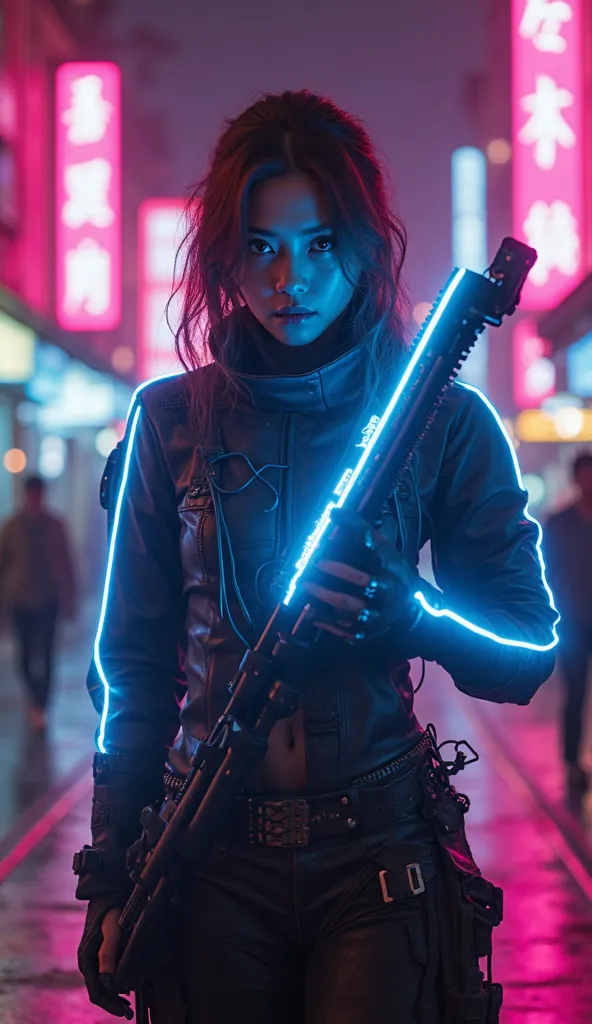 blue glowing lights strip on her clothes, she holding a weapon with pink glowing lights LED, background cyberpunk with random neon LED lights, besidea woman wearing clothes with blue glowing lights strips, holding a weapon with pink glowing lights LED, sta...