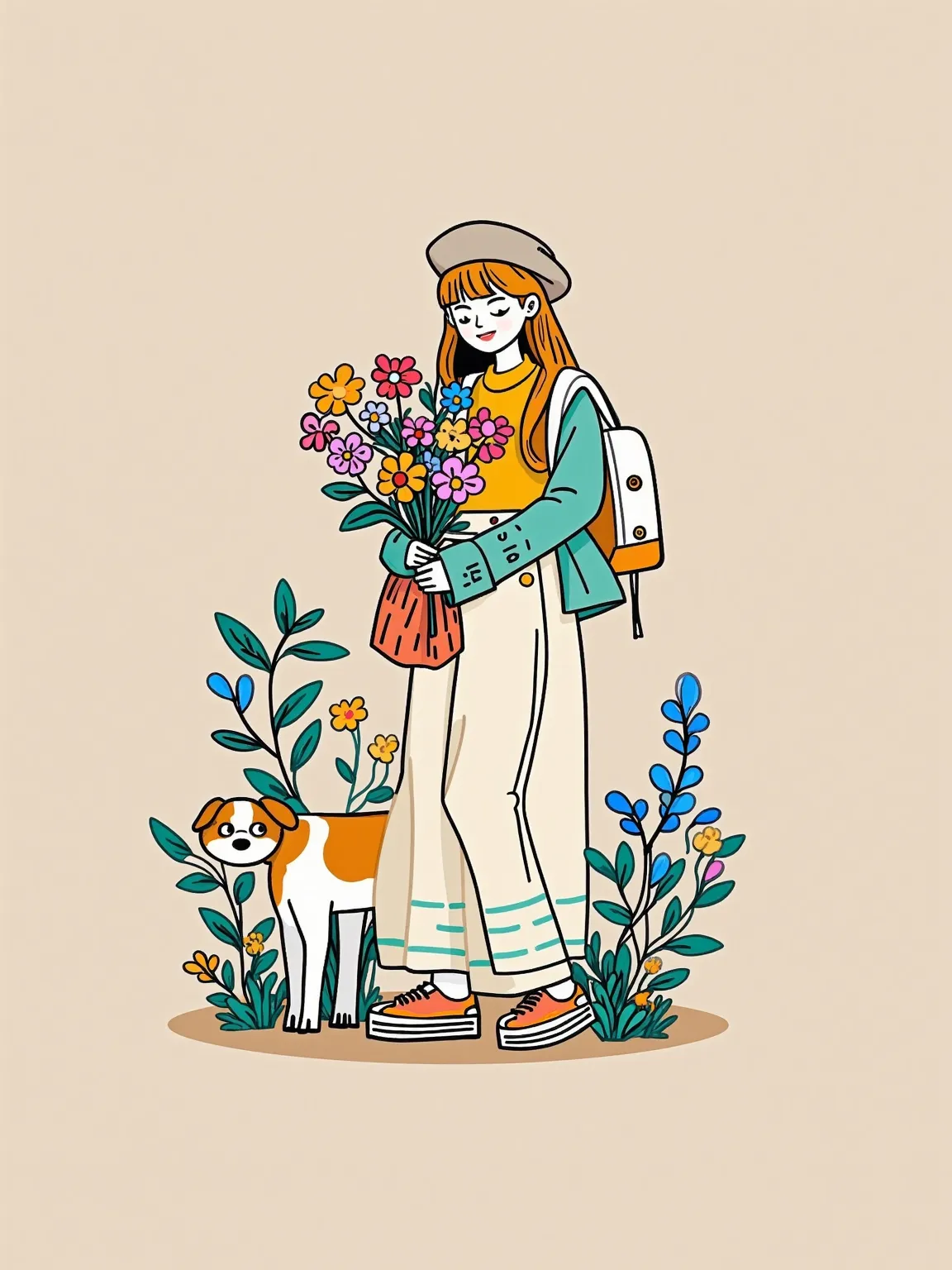 (Q version style, book cover decoration, moonlab_studio style, thick line strokes, Graffiti, Minimalism), Healing stick figure style, A beautiful and stylish girl with long hair, Wearing a beret , Carrying a canvas bag, Holding a bouquet of flowers in her ...