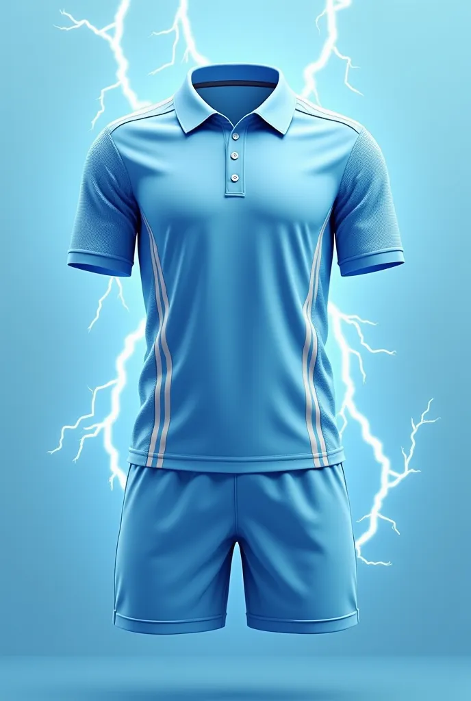 Design a soccer polo shirt with Linner Patern in light blue with white with a ray of thunder in the background with two stripes and a short in light blue with white Linner Patern in light blue with white