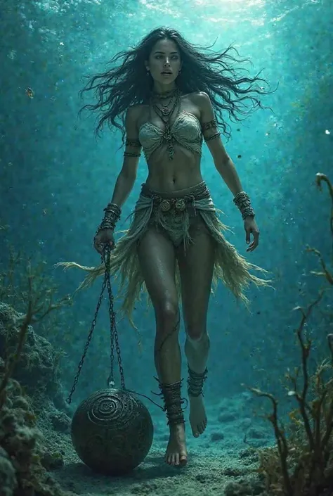 Generate image of Pocahontas trapped at the bottom of the ocean with an iron ball tied to her feet 