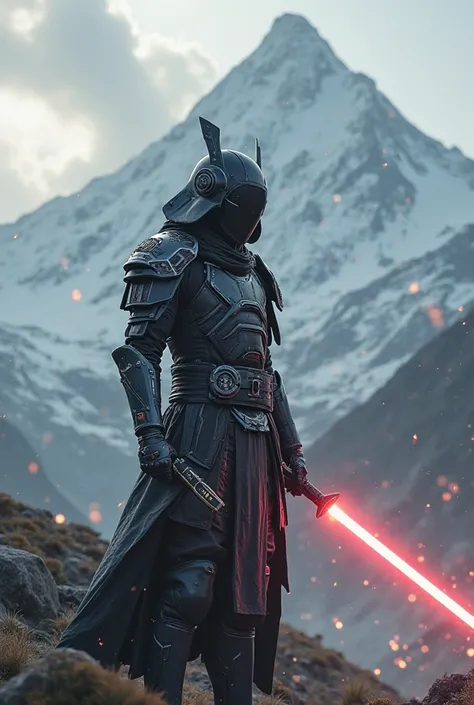 A samurai from the future with a Star Wars sword with black armor with white details set against the background of a mountain on fire 8k