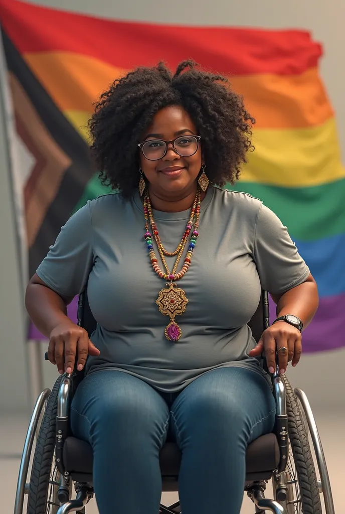 Create a woman in a wheelchair who is holding an LGBT flag behind a, she is very chubby with a dark-skinned necklace with a necklace of the Star of Bethlehem wearing glasses and the Vasco da Gama t-shirt