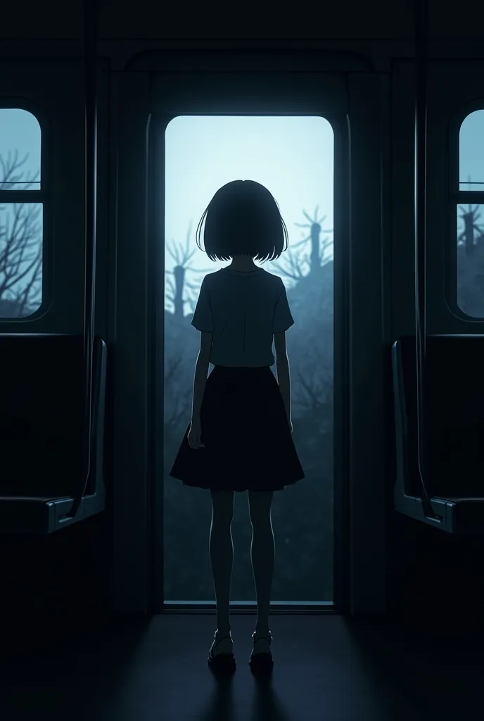 girl facing the door of a train with a dark and grim scene, the girl is being seen from behind and it is not possible to see her face, just a silhouette in anime style