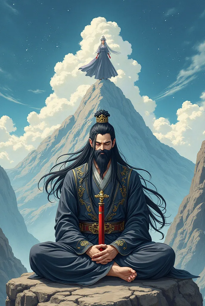 Give me a male with a long black hair With an Immortal Air around him,a jade crown on his head And a masc covering his mouth. wearing black Gold Robe With a Long red sword In his waist, sitting cross leged in a Mountain mediating.  Beside him Stood a beaut...