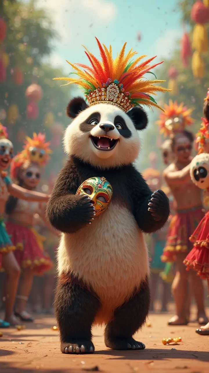 An animated panda dancing samba in a crowd, wearing a colorful feather hat and holding a Carnival mask.