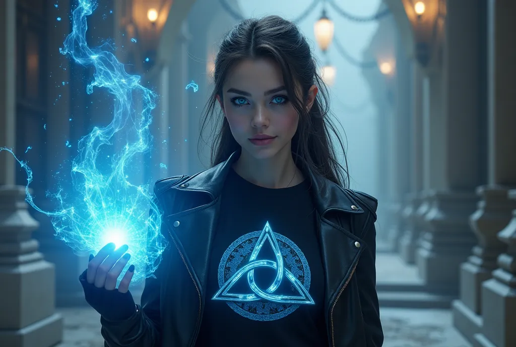  A beautiful sorceress with a piercing blue eye with filaments of blue magic flying around,  she is dressed in an elegant black leather jacket and a black t-shirt with the symbol of the triad. Epic fantasy 3D cinematic style .