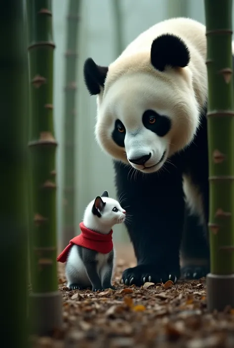 From behind the bamboo trees, a large black-and-white panda emerges, its calm eyes observing the shivering kitten small white kitten with gray patches wearing a tiny red scarf,. It cautiously approaches, bending down slightly to sniff the tiny creature. Th...