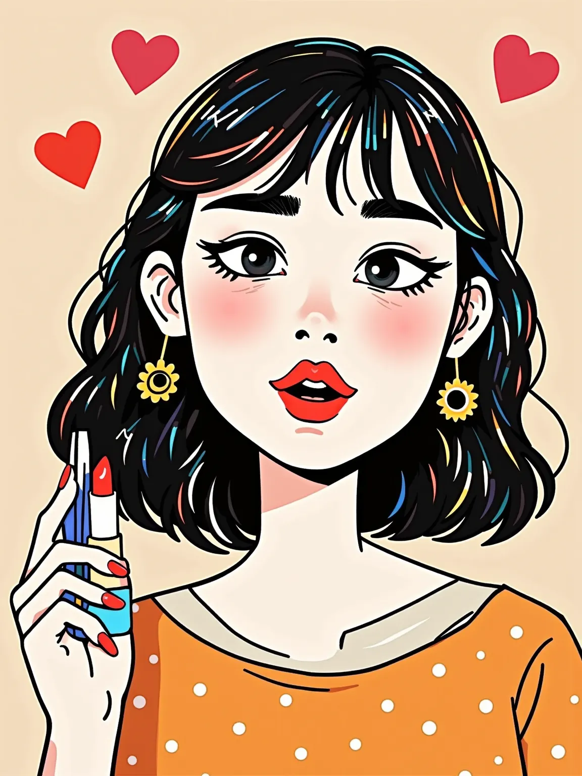 (Q version style, book cover decoration, moonlab_studio style, thick line strokes, Graffiti, Minimalism),  1girl , hearts and lipsticks by martines ayos, in the style of light pink and orange, neo-pop iconography, greg hildebrandt, Jeannette Guichard-Bunel...