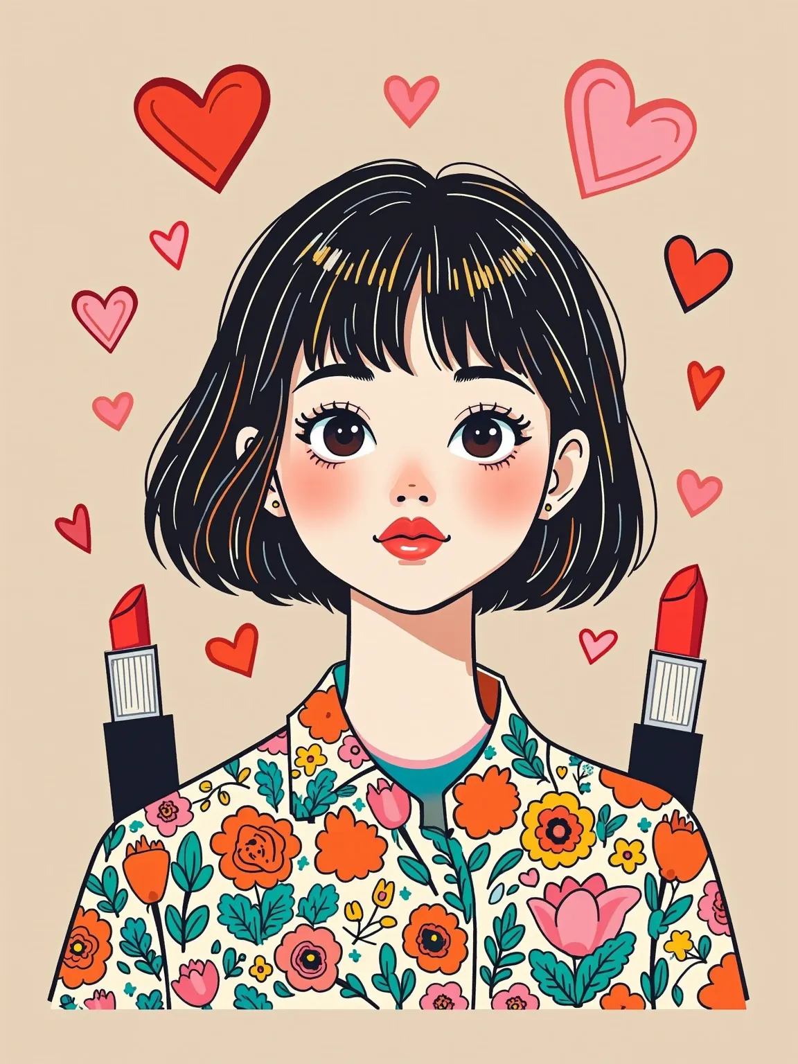 (Q version style, book cover decoration, moonlab_studio style, thick line strokes, Graffiti, Minimalism),  1girl , hearts and lipsticks by martines ayos, in the style of light pink and orange, neo-pop iconography, greg hildebrandt, Jeannette Guichard-Bunel...