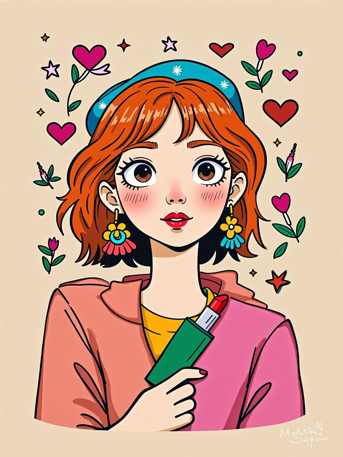 (Q version style, book cover decoration, moonlab_studio style, thick line strokes, Graffiti, Minimalism),  1girl , hearts and lipsticks by martines ayos, in the style of light pink and orange, neo-pop iconography, greg hildebrandt, Jeannette Guichard-Bunel...