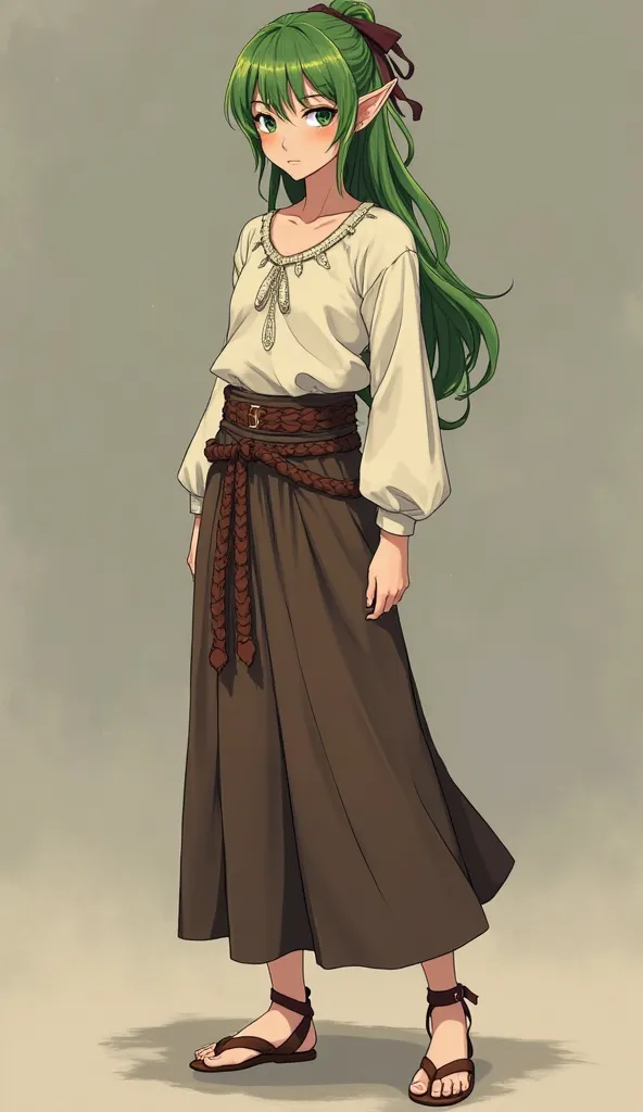 Elaen is a tall and muscular young elf, of 1.70 m, with green hair and eyes. To go out to the village, she wears a loose cream blouse, a long dark brown skirt, fitted with a braided leather belt, and brown leather sandals. She usually pulls her hair back w...