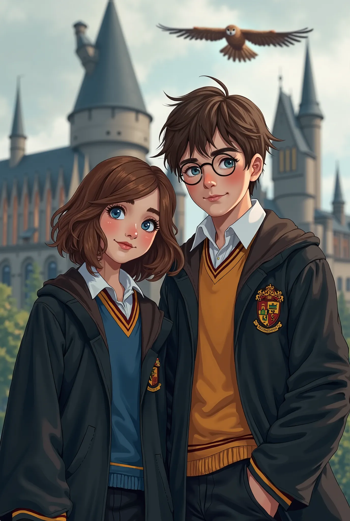 I have brown hair and blue eyes and my hair goes a bit under my shoulders. I have a wavy hair. He has short brown hair and green eyes also a little moustache and a little beard. We are in Hogwarts. I am in Ravenclaw and he is in Gryffindor. We are wearing ...