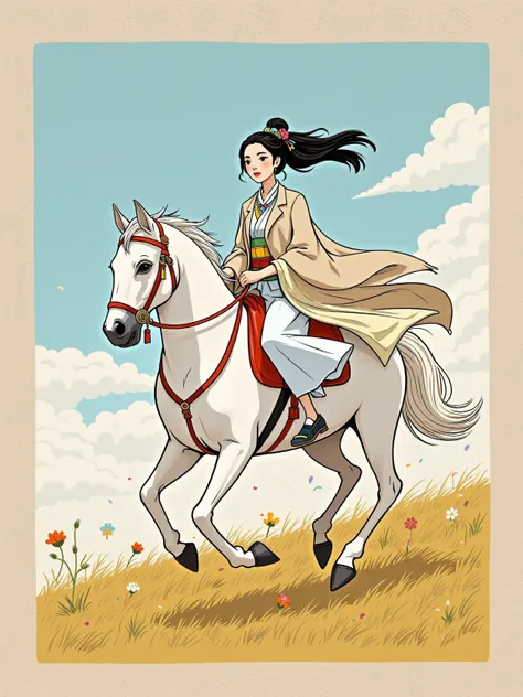 (Q version style, book cover decoration, moonlab_studio style, thick line strokes, Graffiti, Minimalism), A beautiful and dignified girl, wearing a Ming Dynasty stand-up collar jacket with crossed lapels (length to the waist and hips), paired with a Mamian...