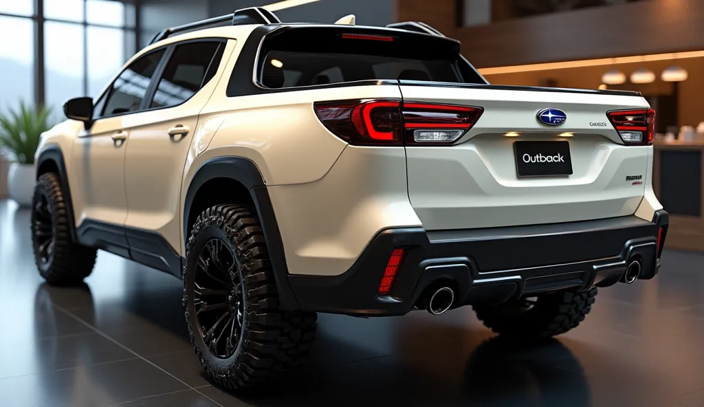 create an ultra-detailed 3D render, of a modern 2025 Subaru Outback Pickup with a bold design looking long like limousine captured from  straight close BACK Side view. The car should feature a 'Gleamy Cream 'color with a 'Outback' logo on its back, a large...