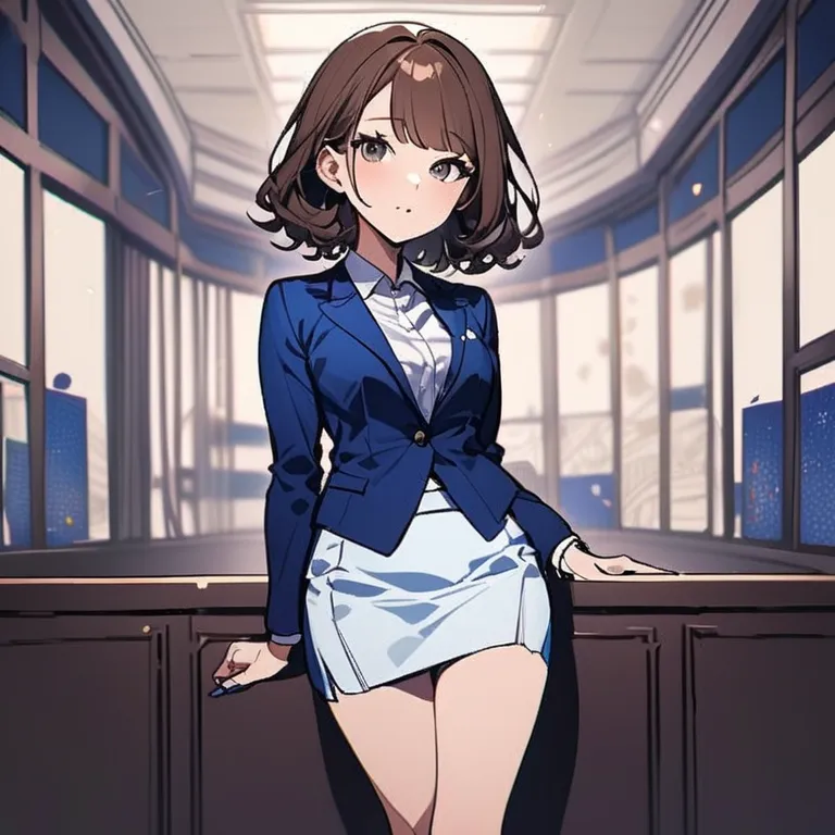 Josephine is a Japanese American young woman turning twenty‐five. She has short brown hair, dark eyes, and a slight body.

She is seen wearing a blue business blazer curved at the waist, with a white shirt below. A pencil skirt in the same tone completes t...