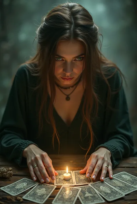 Make a fortune teller, with her hair parted at her side,  brown, far away, green eyes, with little vanity! looking down, for tarot cards