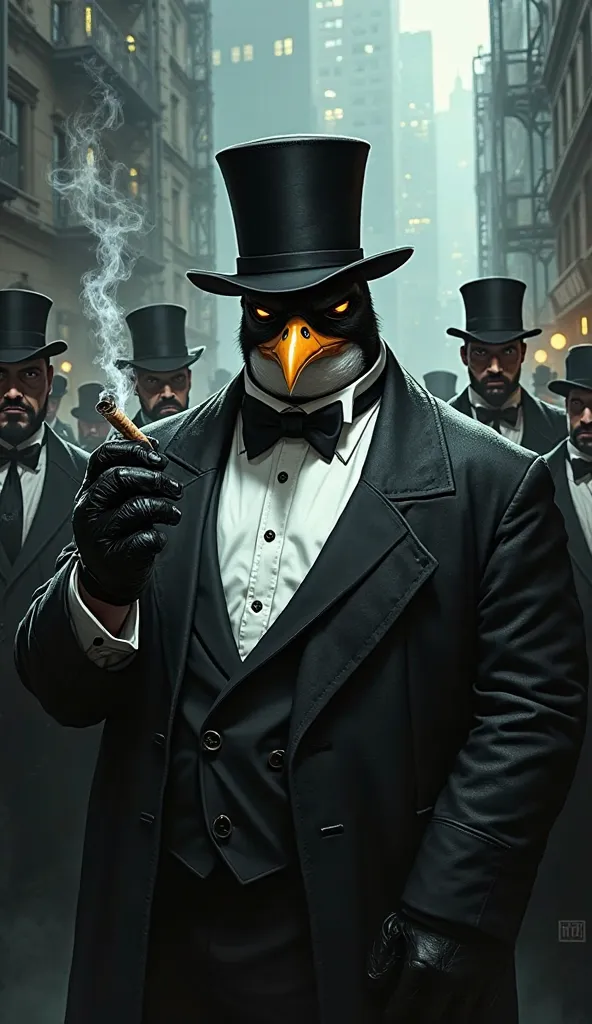 the villainous penguin character from the film Batman, surrounded by his henchmen, with a cigar in his hand, in the background the city of Gotham